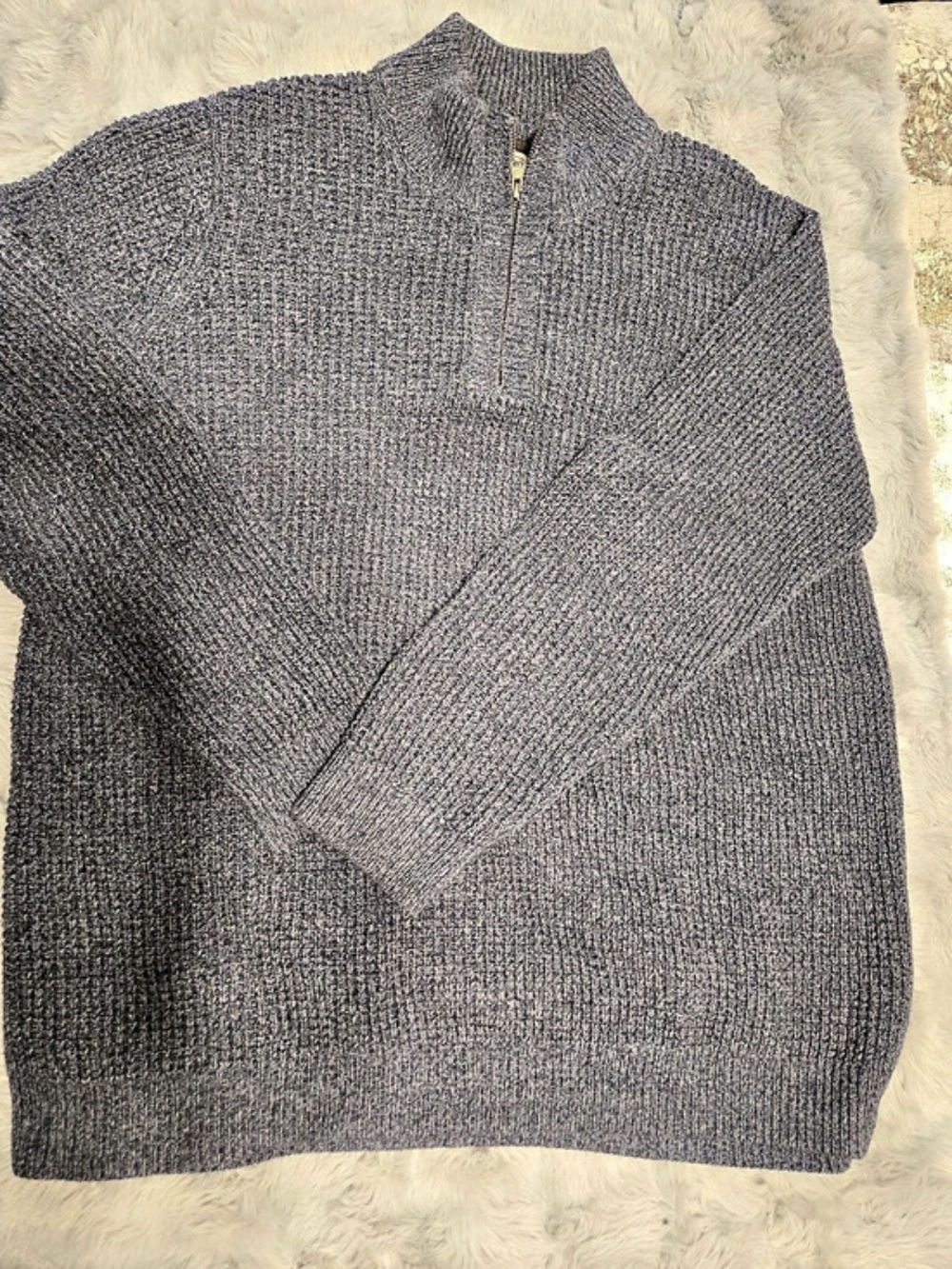 L.L. Bean Marled Denim Blue Organic Cotton Waffle Quarter Zip - Men's XL Tall